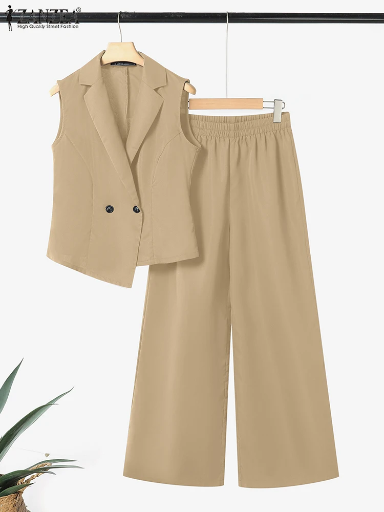 Zanzea elegante lapela pescoço assimétrico coletes topos 2 pçs roupas moda perna larga calça comute feminino conjuntos de calças escritório 2 peça conjuntos