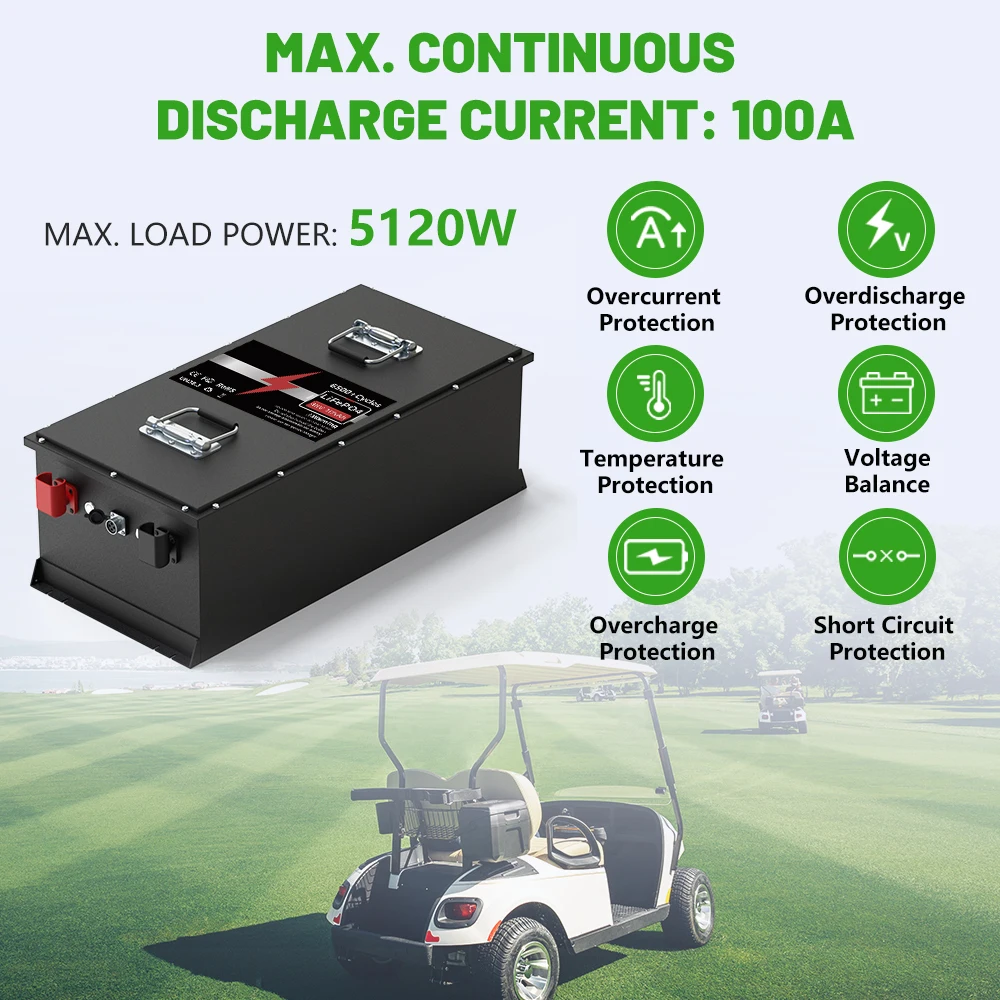 Golf Cart Battery 48V 7680wh 150Ah LiFePO4 Cells 100Ah Waterproof 6500+Cycles BMS LiFePO4 Battery 51.2V for Golf Car RV No Tax