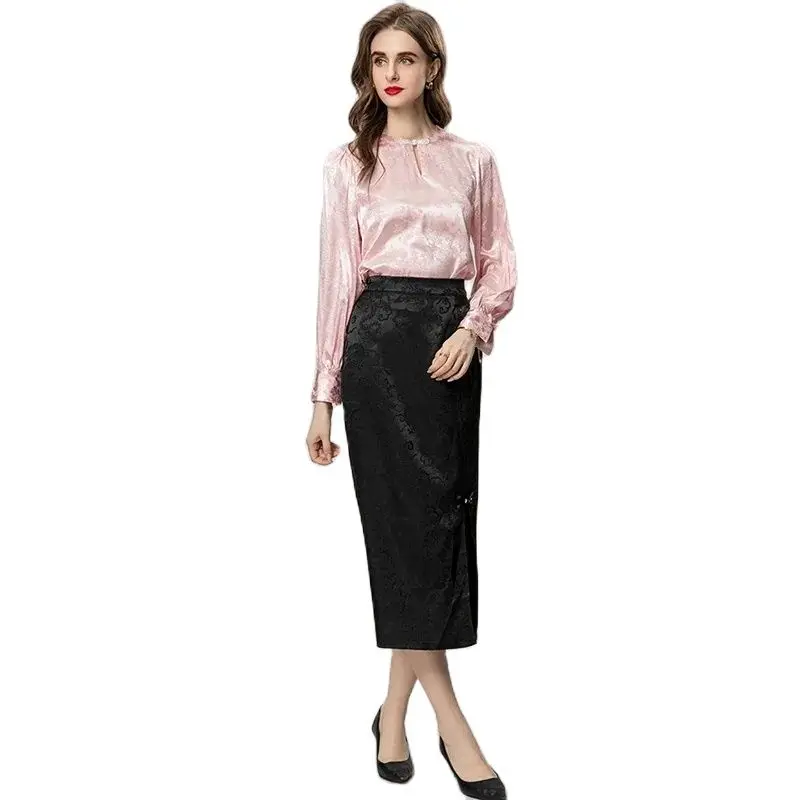 

Doris Fanny High Quality Summer Women Skirt Sets Jacquard O Neck Long Sleeves Shirt + Black Side Slit Skirt Two Piece Sets Dress