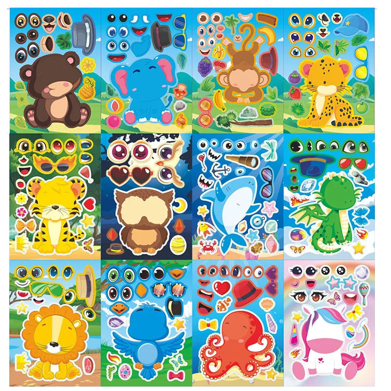 

Funny Assemble Zoo Animals Sea Creature Dinosaur Face Stickers Kids Classic Toys Puzzle DIY Jigsaw Stickers Party Gifts For Boys