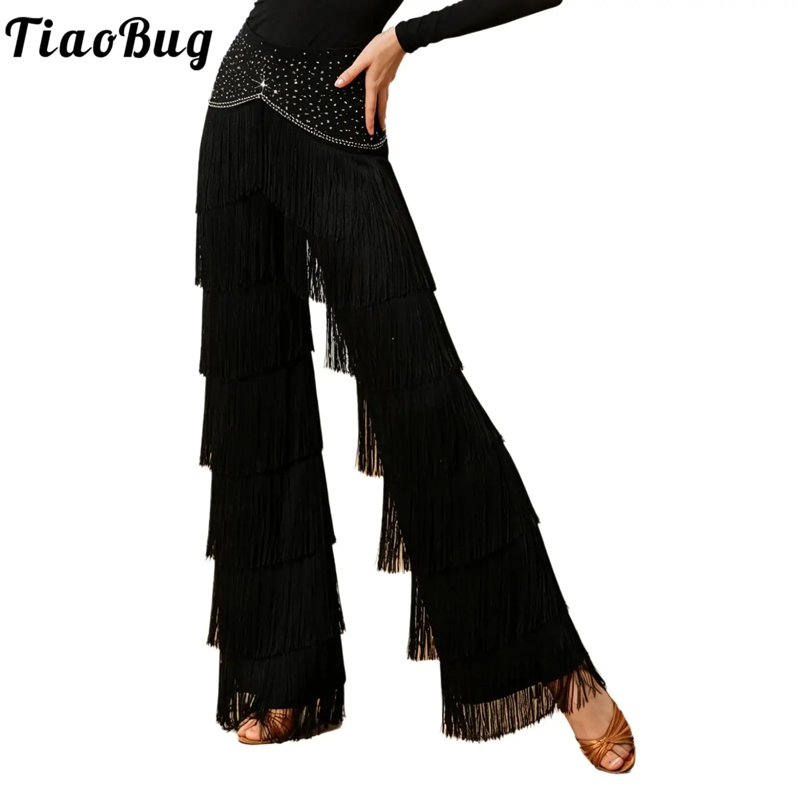 Women Layered Tassel Fringed Latin Dance Pants Tango Jazz Samba Performance Straight-leg Trousers for Cha-cha Rumba Ballroom