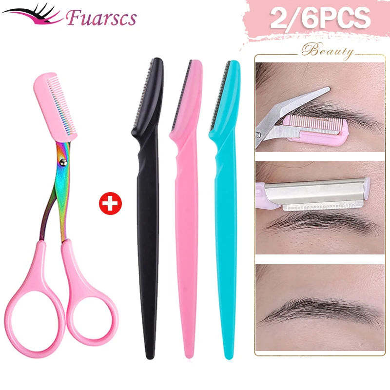 

2/6pcs Eyebrow Razor Professional Eyebrow Trimmer Hair Removal Scraper Shaver Eyebrow Scissors With Comb Makeup Beauty Tools