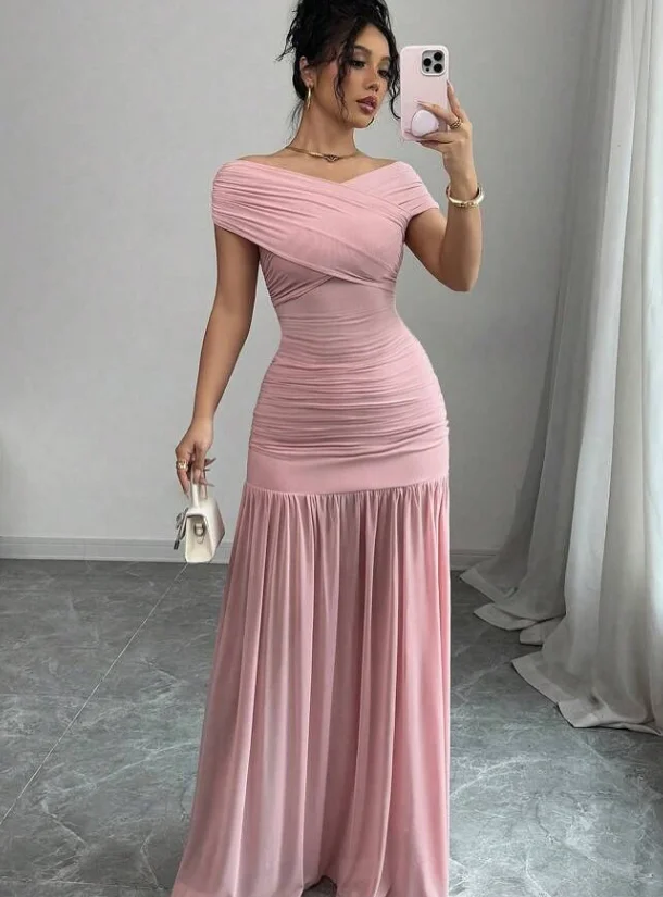 Customized High Quality Floor Length Strapless Wrinkle Off Shoulder A-line Pink Women Dress Evening Gown Prom Dresses  فساتين