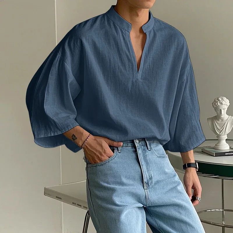 2026 Korean Style Stand V-Neck Tops For Men Fashion Solid Cotton Three-quarter Fare Sleeve Casual Loose T Shirts Simple Blouse