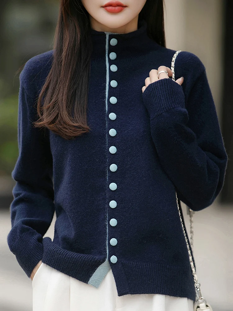 

Корейский ретро-кардиган с высоким воротником, контрастными пуговицами и вязаным узором, модный теплый свитер для женщин, верхняя одежда для улицы