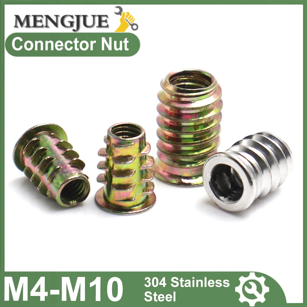 304 Stainless Steel Carbon Steel Zinc Alloy Hex Drive Wood Insert Nuts Flat Head Threaded Furniture Connectors M4-M10