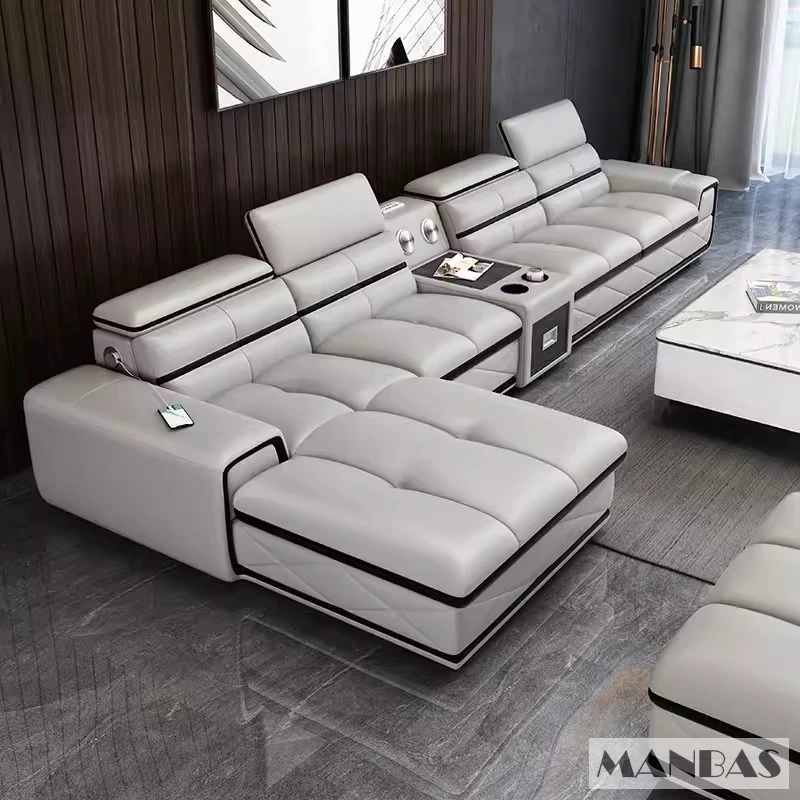 Modern Genuine Leather Sectional Sofa Sets Couch Sofas with USB Charging and Bluetooth Speaker - MINGDIBAO Living Room Furniture