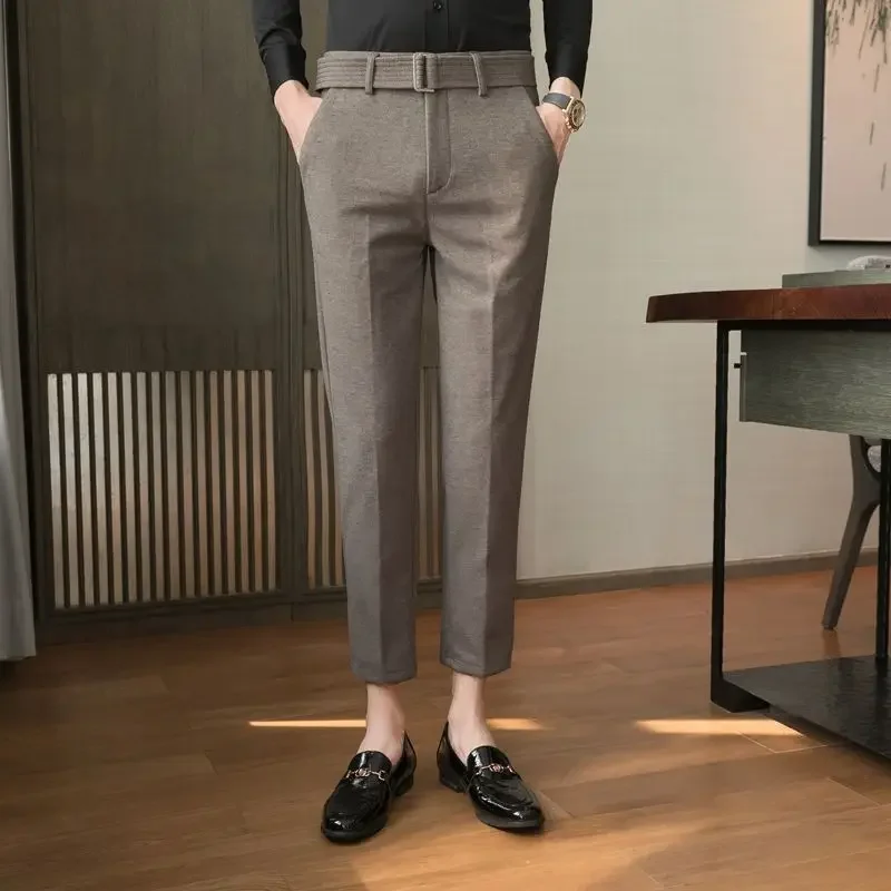 

British Style Belt Suit Pants Men Fashion Solid Color Casual Dress Pants Loose Straight Trousers Mens Office Formal Pants