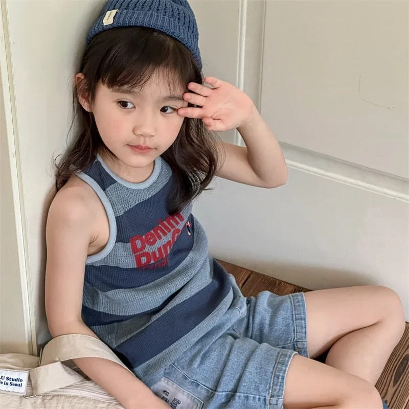 

Летние хлопковые футболки без рукавов для маленьких девочек и мальчиков, детские рубашки с полосатым принтом, жилет для малышей, детская корейская детская одежда