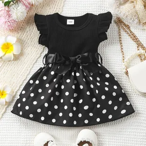Vestido de cinto de manga com babados e estampa de bolinhas de borboleta e planta para bebê menina + fita 8 principais vendas vestido 1 ano bebe borboleta - №7