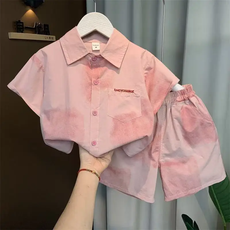 New Boys Summer Clothes Personality Plaid Cardigan Tie-dye Short Sleeve Shirts+Short 2pcs Korean Children Boutique Casual Set
