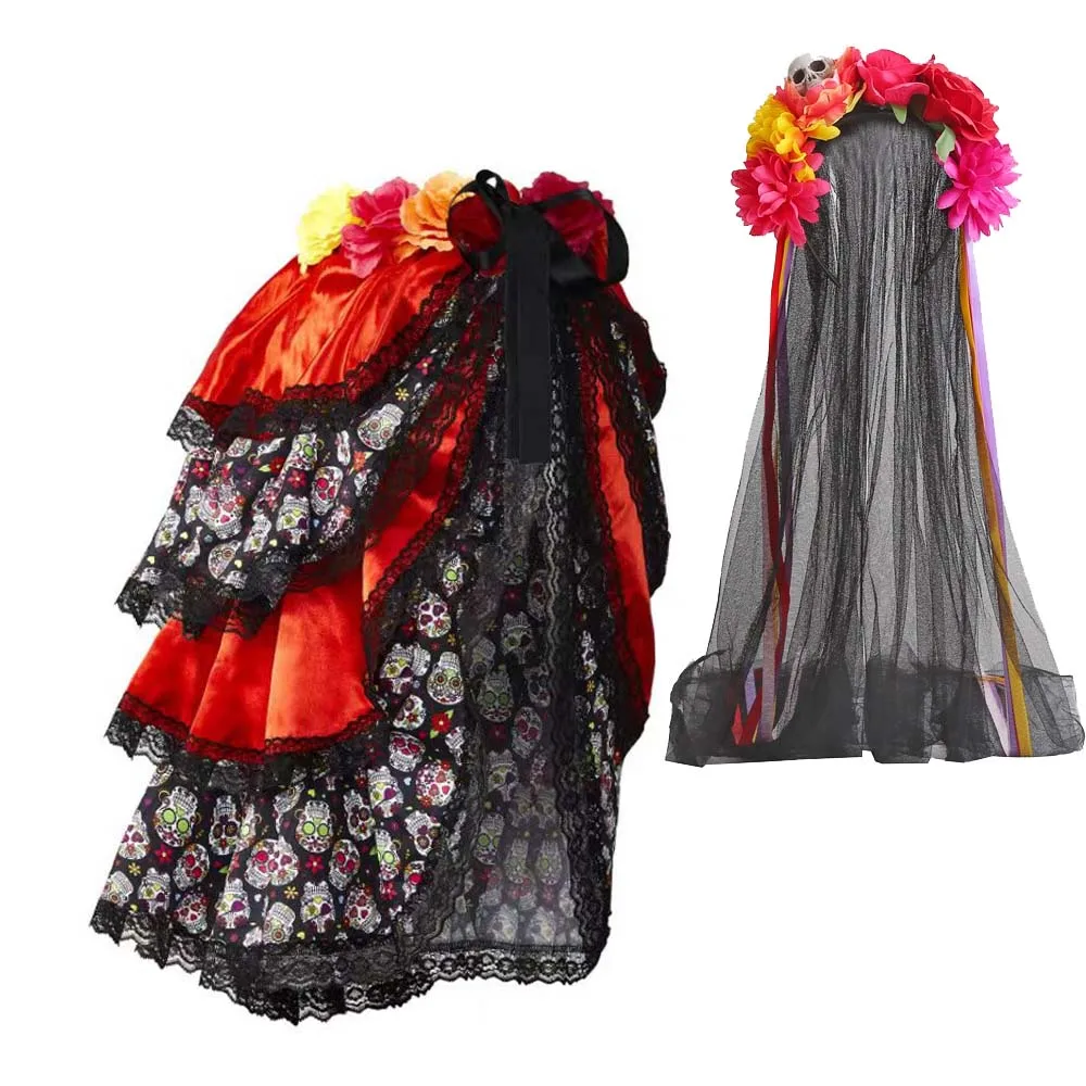 Women's Day Of Dead Spanish Lady Skull Costume With Flower Veil Headband