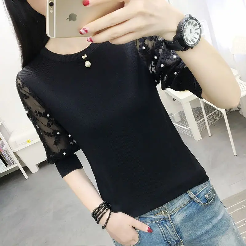 Elegant Solid Color Spliced Gauze Lace Beading Blouse Women's Clothing 2023 Spring New Oversized Korean Pullovers Commute Shirt