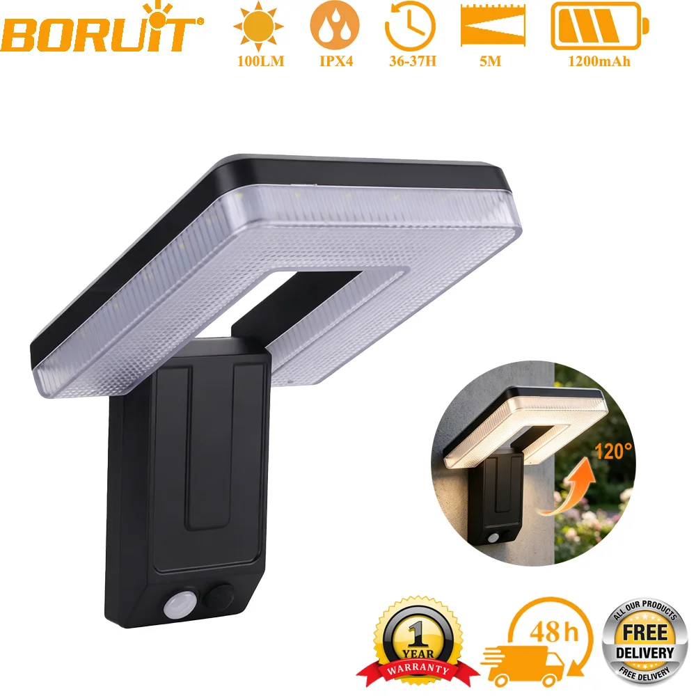 BORUiT LED Solar Flood Lights 120° Foldable Head Motion Sensor 3 Lighting Modes IP65 Waterproof Work Light For Yard Garden Decor