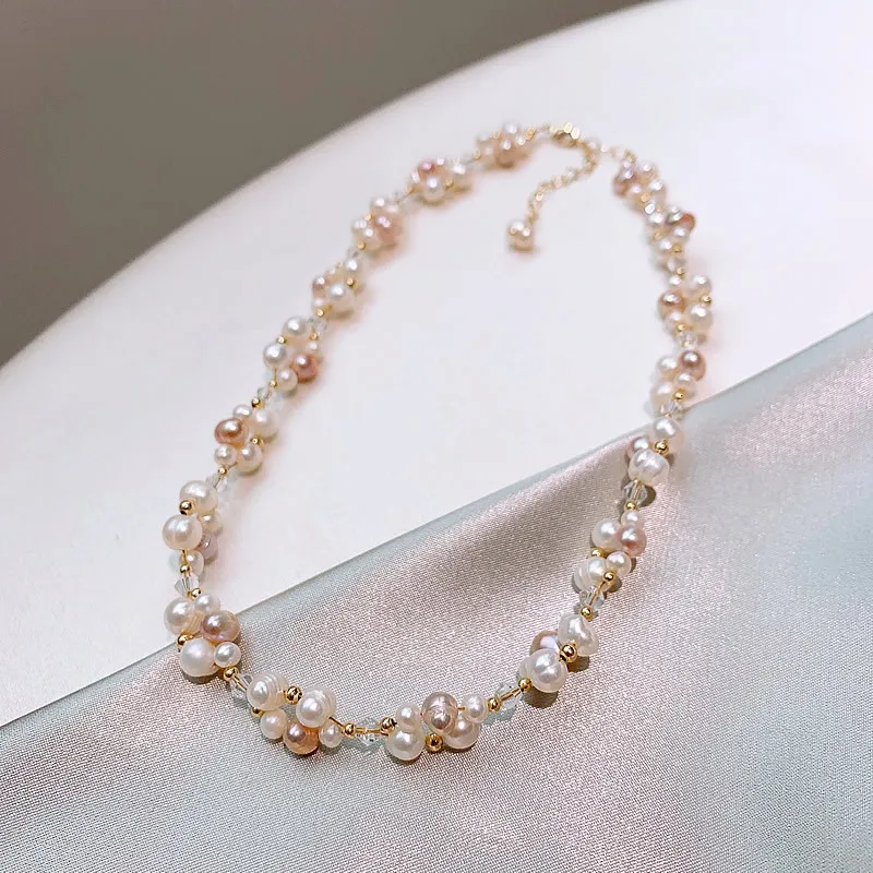 100% Natural Freshwater Pearl & Crystal 14K Gold Filled Female Jewelry Sets For Women Necklace Bracelet Wholesale Gifts No Fade