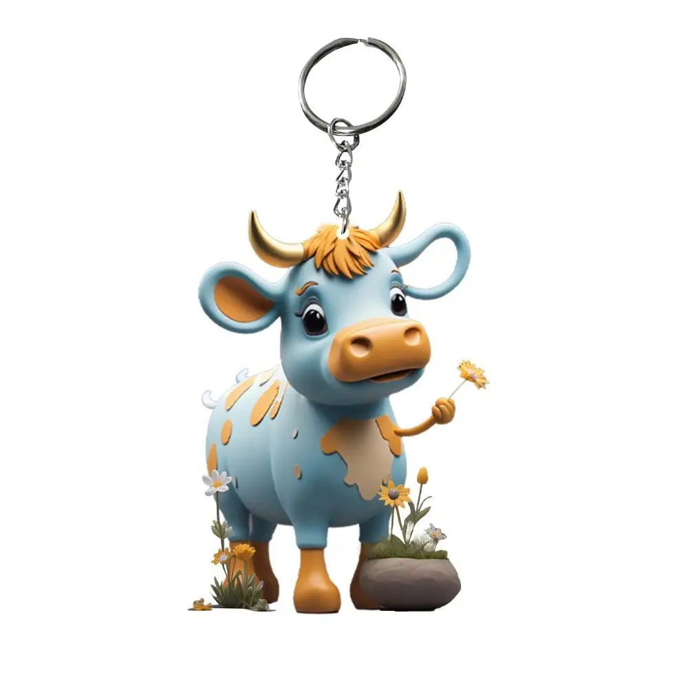 Creative Highland cattle Cute Car Keychain Cartoon Acrylic Cow Key Ring Backpack Pendant 3.15in Yak Key Holder Christmas Gift