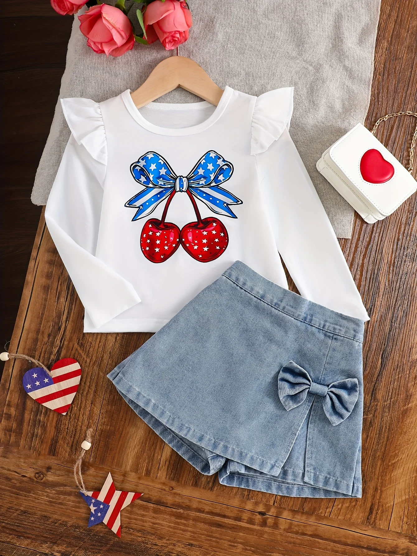 Girls' set cherry bow print sweet round neck long sleeved top paired with denim skirt casual and simple