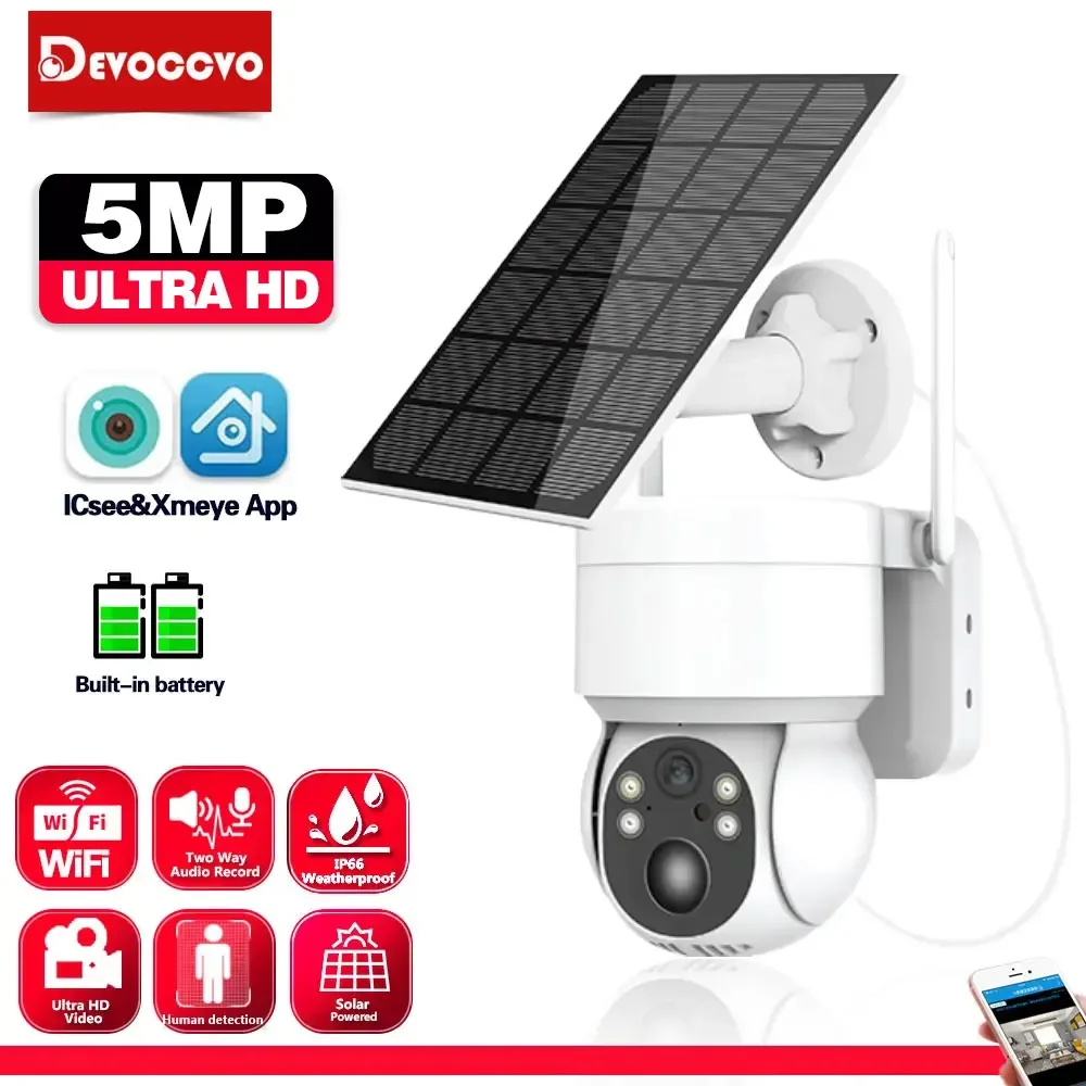 

5MP WiFi Solar Camera Outdoor Color Night Vision PTZ IP Camera With Solar Panel Recharge Battery CCTV Video Surveillance Cameras