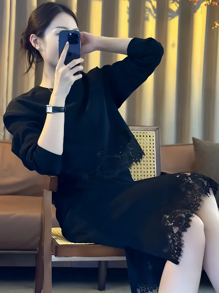 

Ele Floral Lace Hem Sweatirt Skirt Set Women's Faion Spring Autumn Design Casual Loose Fit Breathable Comfortable