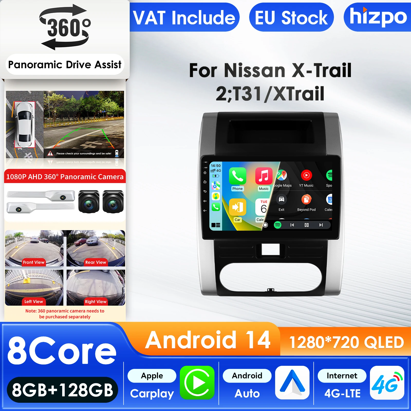 Hizpo Autoradio für Nissan X-Trail X Trail 2 T31 2007-2015 Audio-Multimedia-Player CarPlay Android Auto GPS BT WIFI Autoradio A 10,1 Zoll Intelligenter Bildschirm QLED-Display Automotive Head Unit
