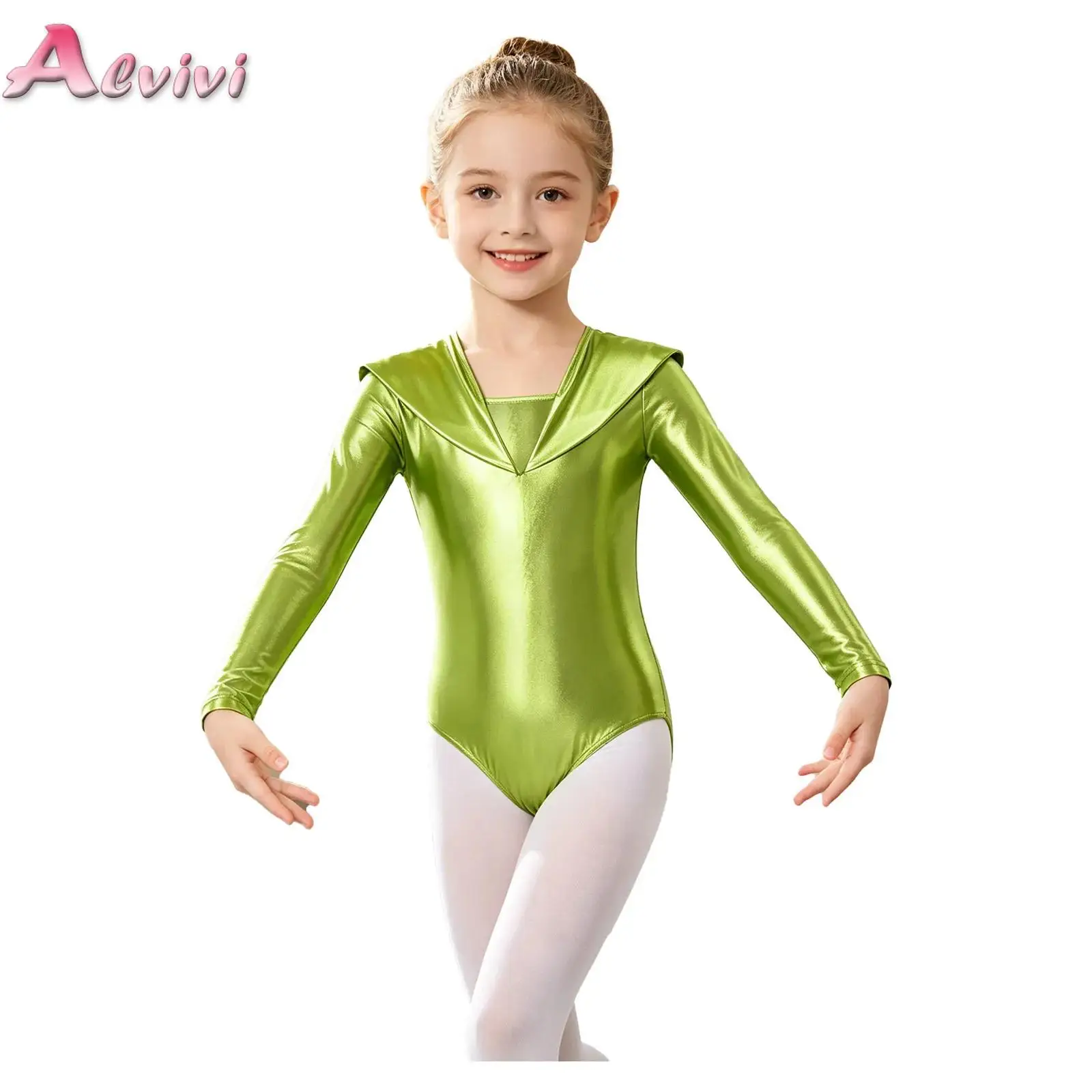 Kids Girls Alien Leotard Long Sleeve Cutout Back Metallic Bodysuit Dress for Gymnastics Ballet Dance Performance Theme Party