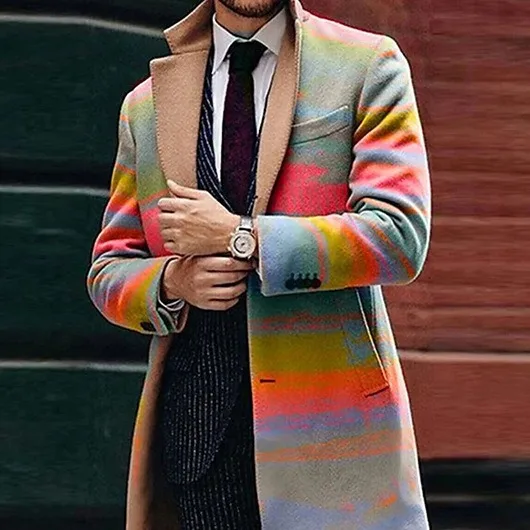 2024 Spring Men's Big Suit collar new casual printed woolen medium length windbreaker coat