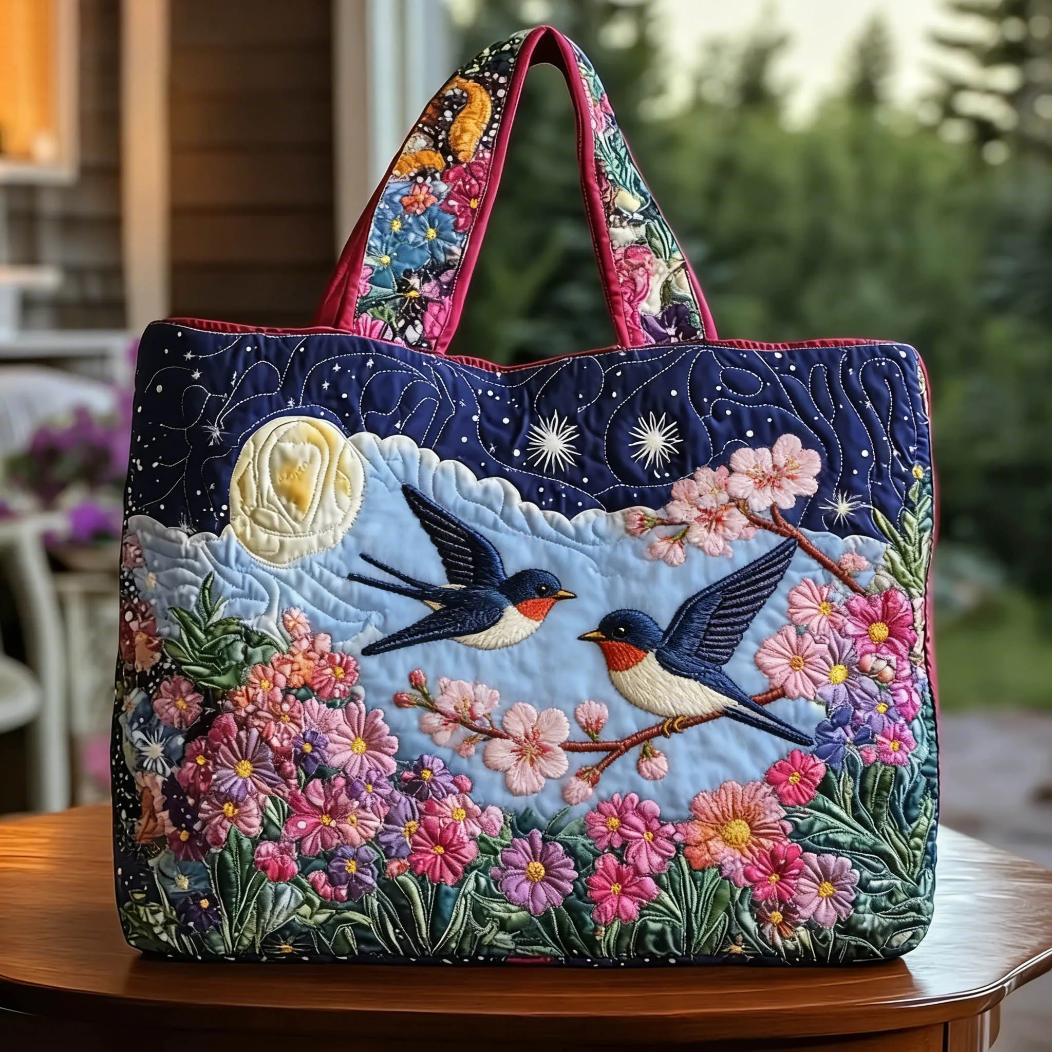 

Romantic Moonlight Swallow Floral Quilted Tote Bag Women Men Elegant Vintage Holiday Travel Daily Handbag
