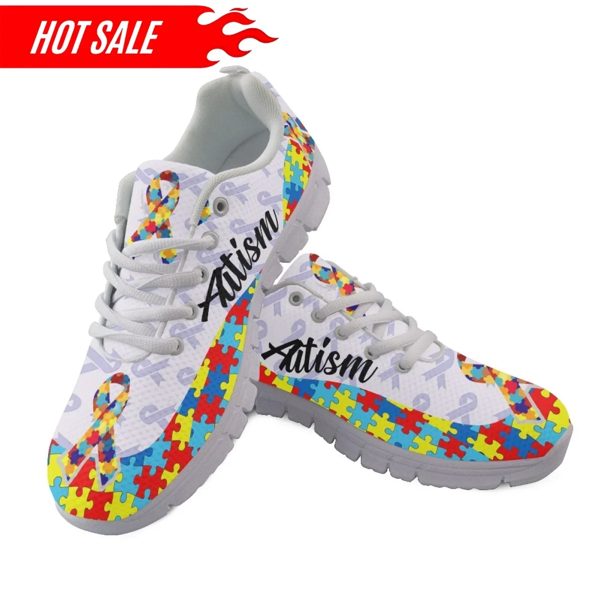 Autism Awareness Flats Shoes for Women Girls Breathable 2023 New Fashion Brand Designer Casual Footwear Lace Up Walking Sneakers