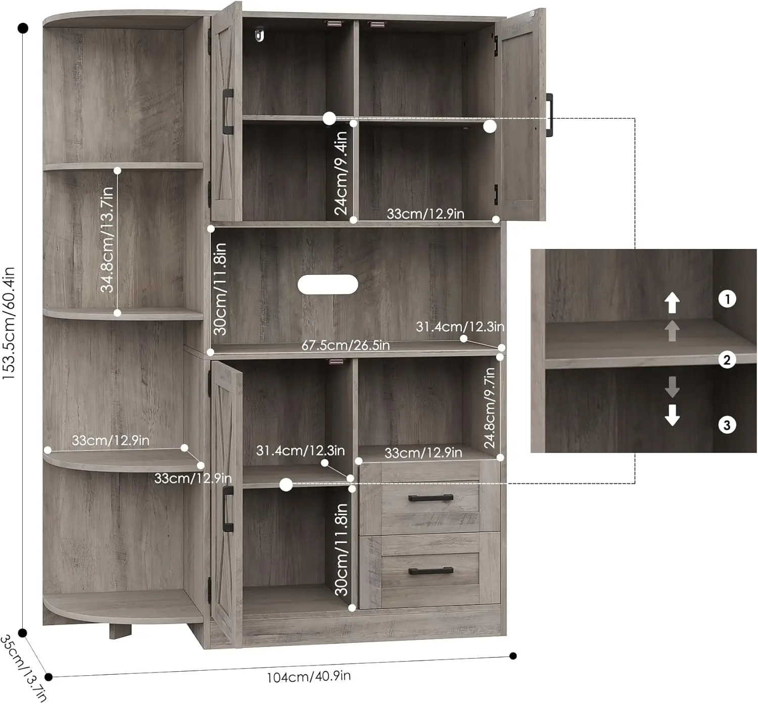 60,4-inch boerderij keuken voorraadkast, vrijstaande hok met deuren en planken, buffetdressoir met magnetronstandaard,