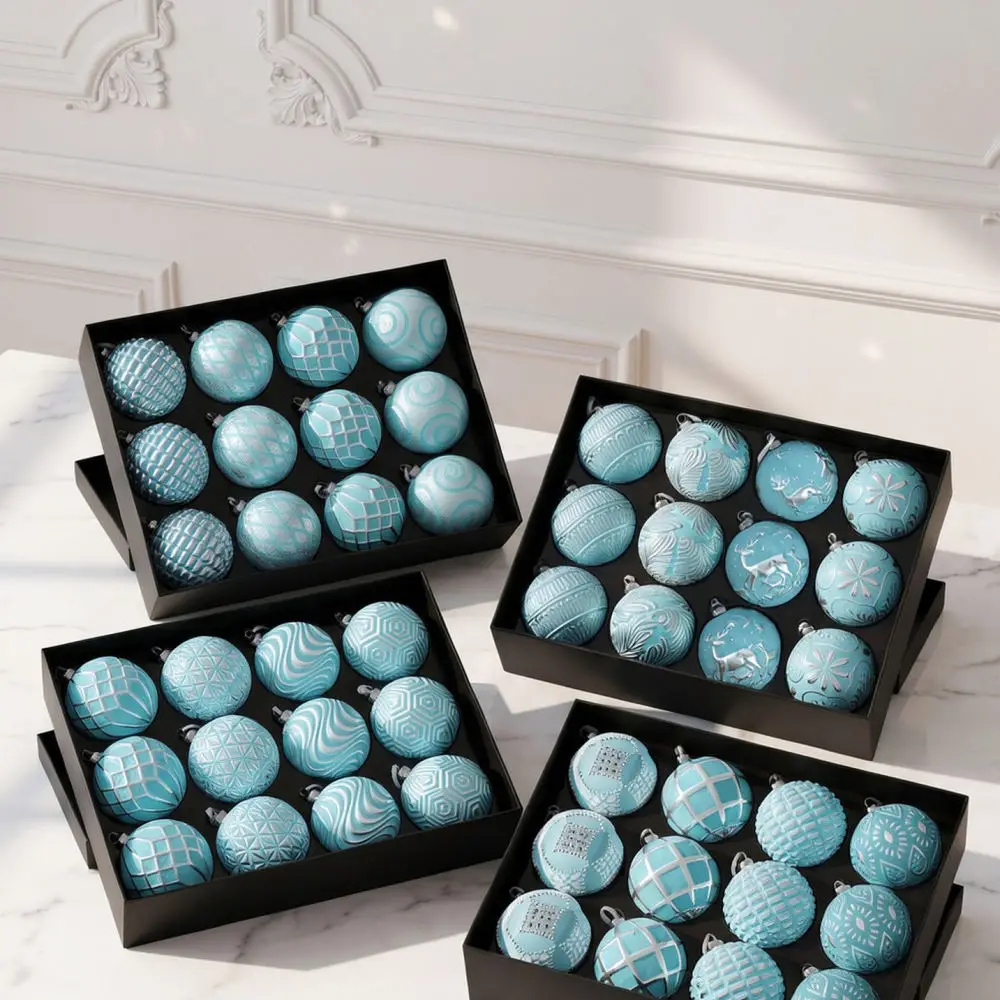 Exquisite Embossed Christmas Baubles Light Blue Silver Hanging Ornaments Holiday Tree Decor Party Gift Supplies