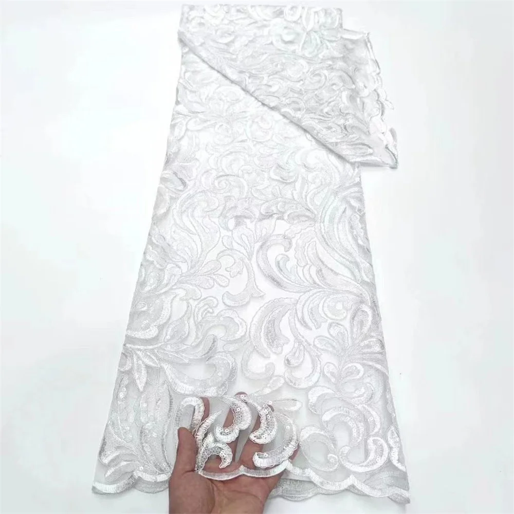 

5Yards African White Lace Fabric With Sequins Nigerian Wedding French Net Material Tissu Africain En Dentelle For Dress CN4