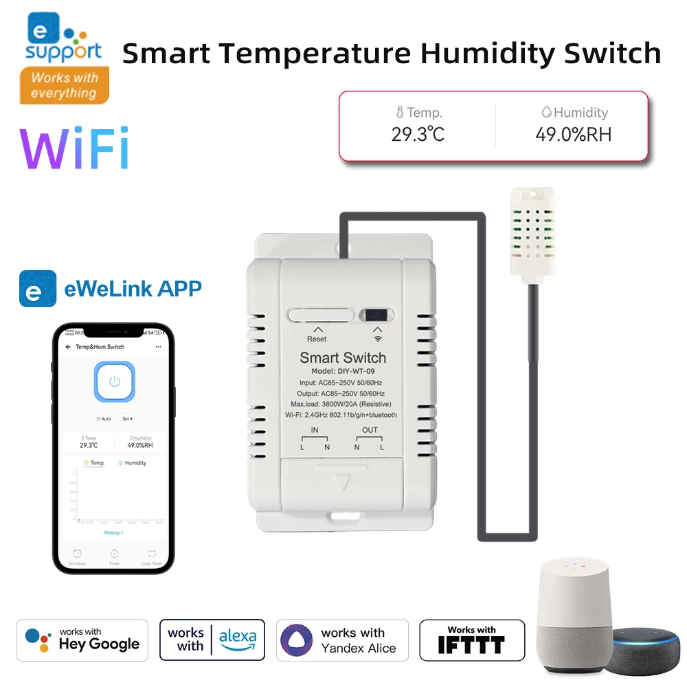 Inteligente WiFi Interruptor de Temperatura e Umidade, 20AB Breaker, Trabalhar com Ewelink, Alexa, Google Termostato Inteligente