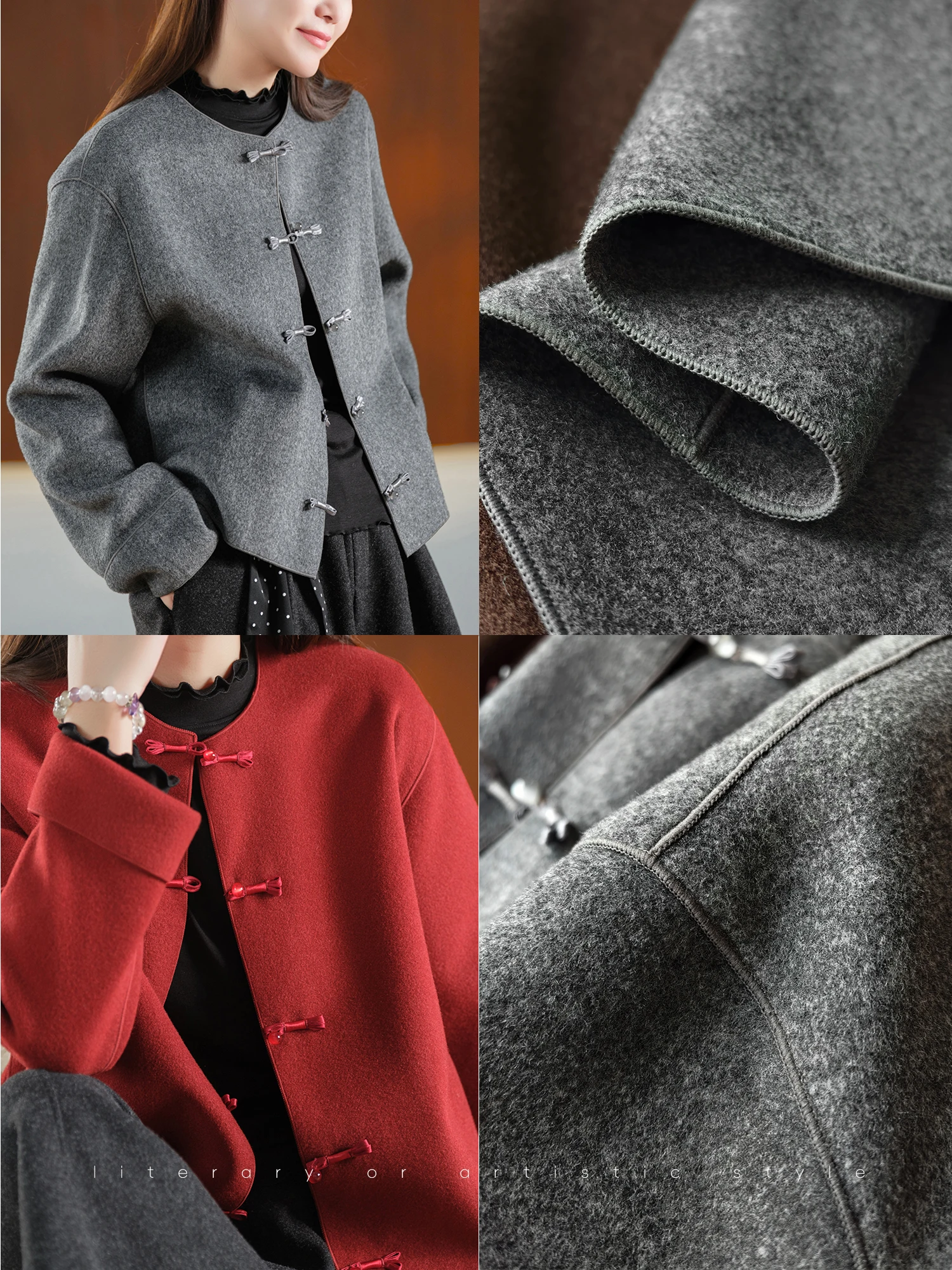 Heavyweight Soft Woolen Coat Women's round Neck Jacket Rabbit Ear Button Bone Inlay Lightweight Warm Polyester Fiber Coat