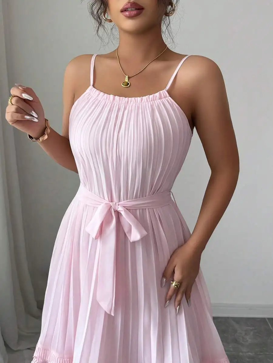

Sleeveless Square Collar Strap Waisted A-Line Pleated Ruffled Hem Elegant Romantic Women Dress