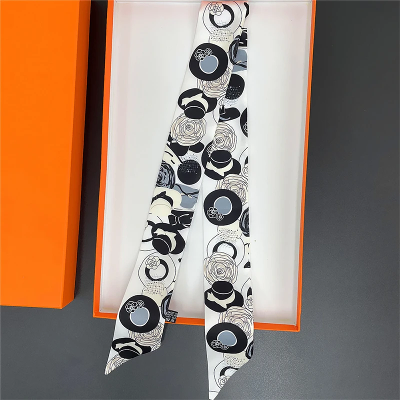 Long Silk Scarf For Women Luxury Hairband Black And White Plain Color Print Wrap Bag Ribbon Fashion Foulard Women\'s Headscarf