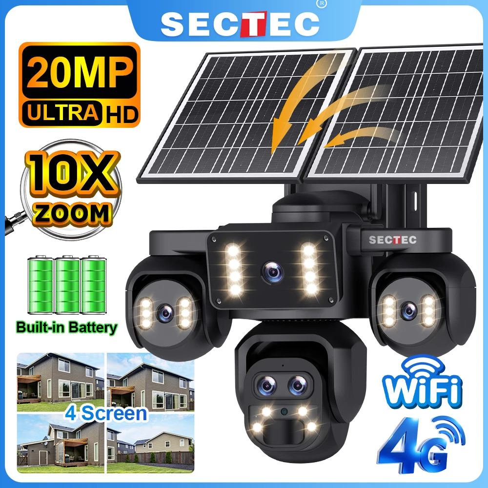 SECTEC 20MP 10X ZOOM AOV Camara Solar 4G 5 Lens 4 Screens Security Outdoor Wireless CCTV Camera 24/7 Continuous Recording IP66