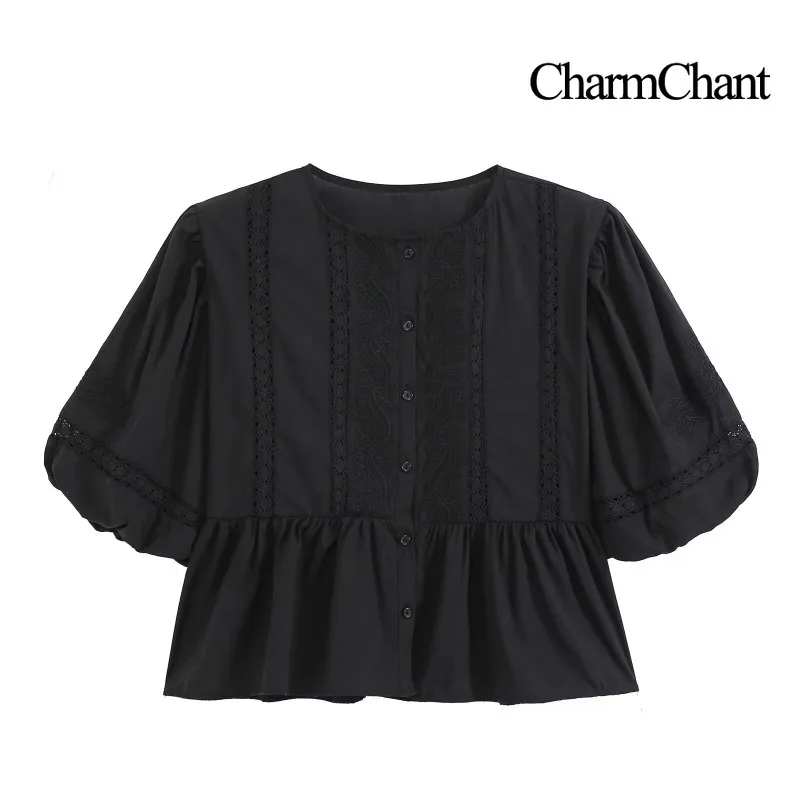 CHARMCHANT Women's Embroidery Puff Half Sleeve Peplum Blouse Button Front Cropped Cotton Shirt Vintage Casual Top Spring 2026