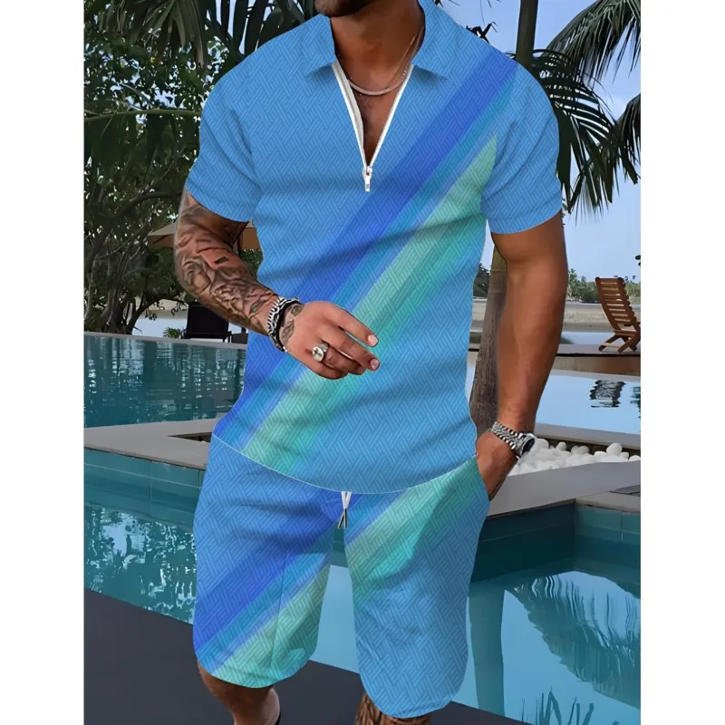 

Fashion New Summer Men's Zipper Polo Shirt Shorts Suit Solid Color Graffiti 3D Printing Men Casual Sportswear Conjunto De Hombre
