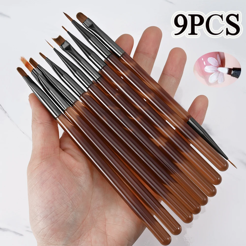 9PCS Acrylic UV Gel Nail Brushes Set DIY Nail Art Liner Brush Stripe Pattern Painting Brush Kits Extension Drawing Carving Pen