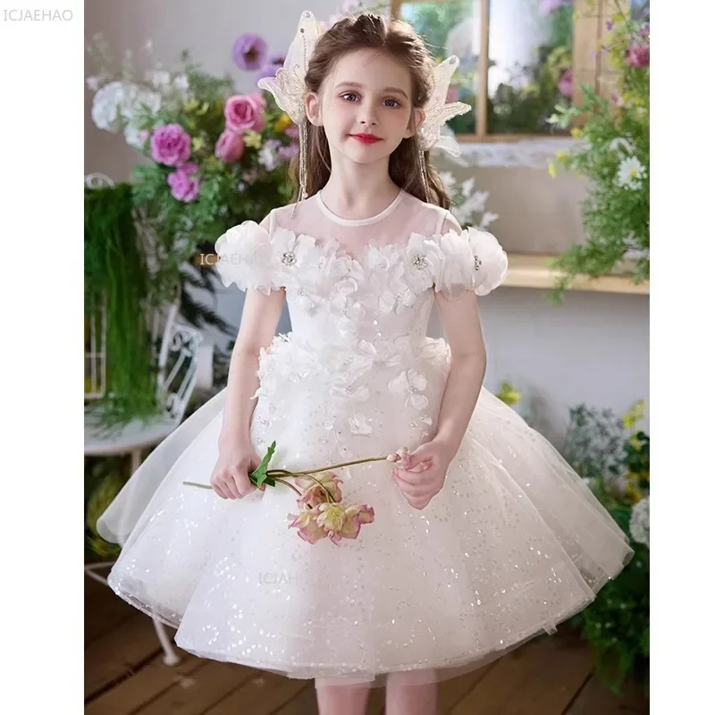 

Вечернее платье принцессы для девочек, свадебное платье с цветочным узором для девочек, торжественное детское платье невесты на день рождения, детские платья с цветочным узором для девочек на фортепиано