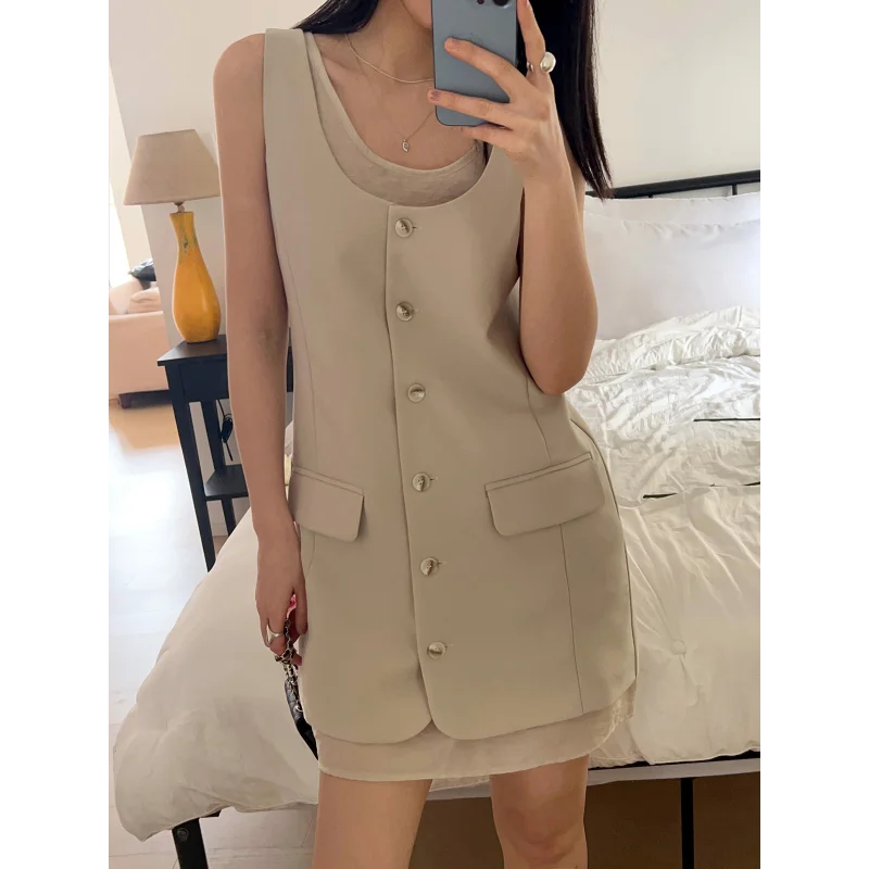 

Korea Fashion Sleeveless Long T-shirt+ Small Fragrance Vest Dress Two-piece Set Simple Casual Black Khaki French Dress Summer