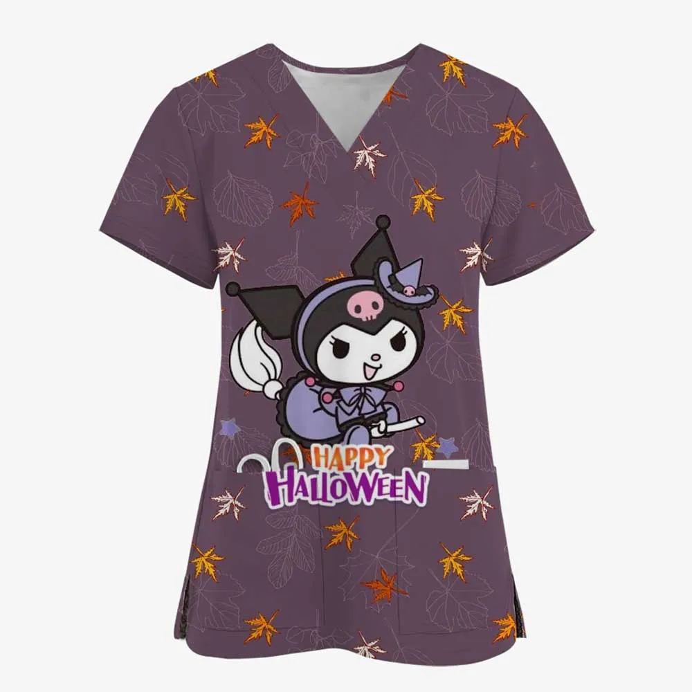Tops de enfermería con estampado de Hello Kitty, blusa de uniforme de trabajo, uniforme de manga corta con cuello en V, Blusas, ropa de enfermería, Túnica Uni