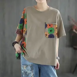 2024 New Summer Elegant Fashion Retro Loose Office Lady T-shirts for Women Splicing Print Pockets O Neck Short Sleeve Chic Tops