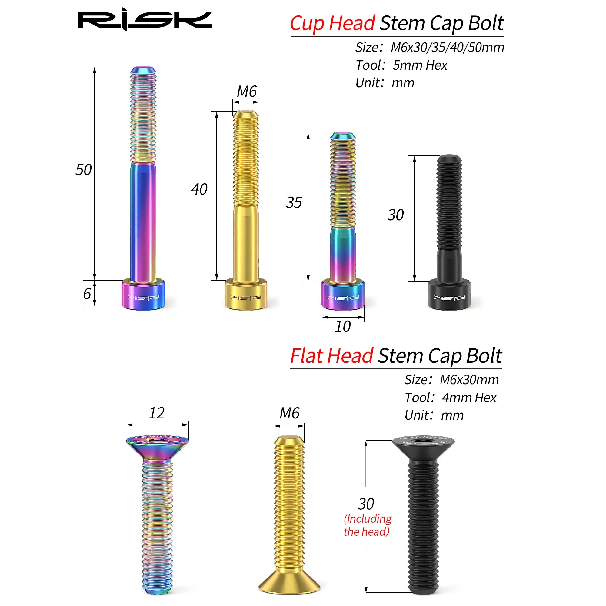 RISK tornillo de titanio para bicicleta, cubierta de tapa de vástago, pinza de freno de disco, cabeza Allen plana, M6x30, M6x35, M6x40, M6x50