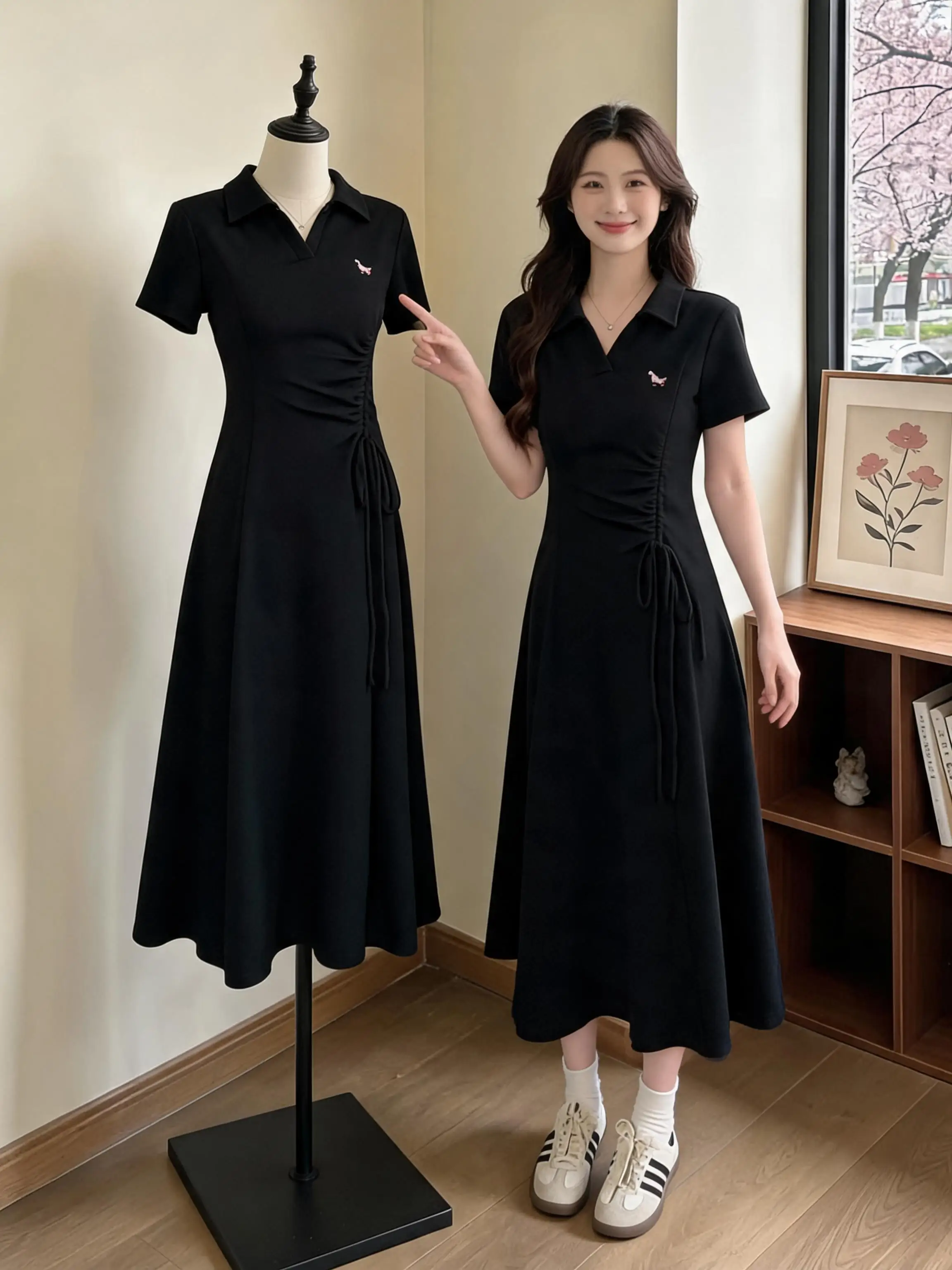  Collar Short Sleeve T-Shirt Dress Women Summer plus Size Slimming Design Drawstring Waist Long Skirt Korean Style Commute