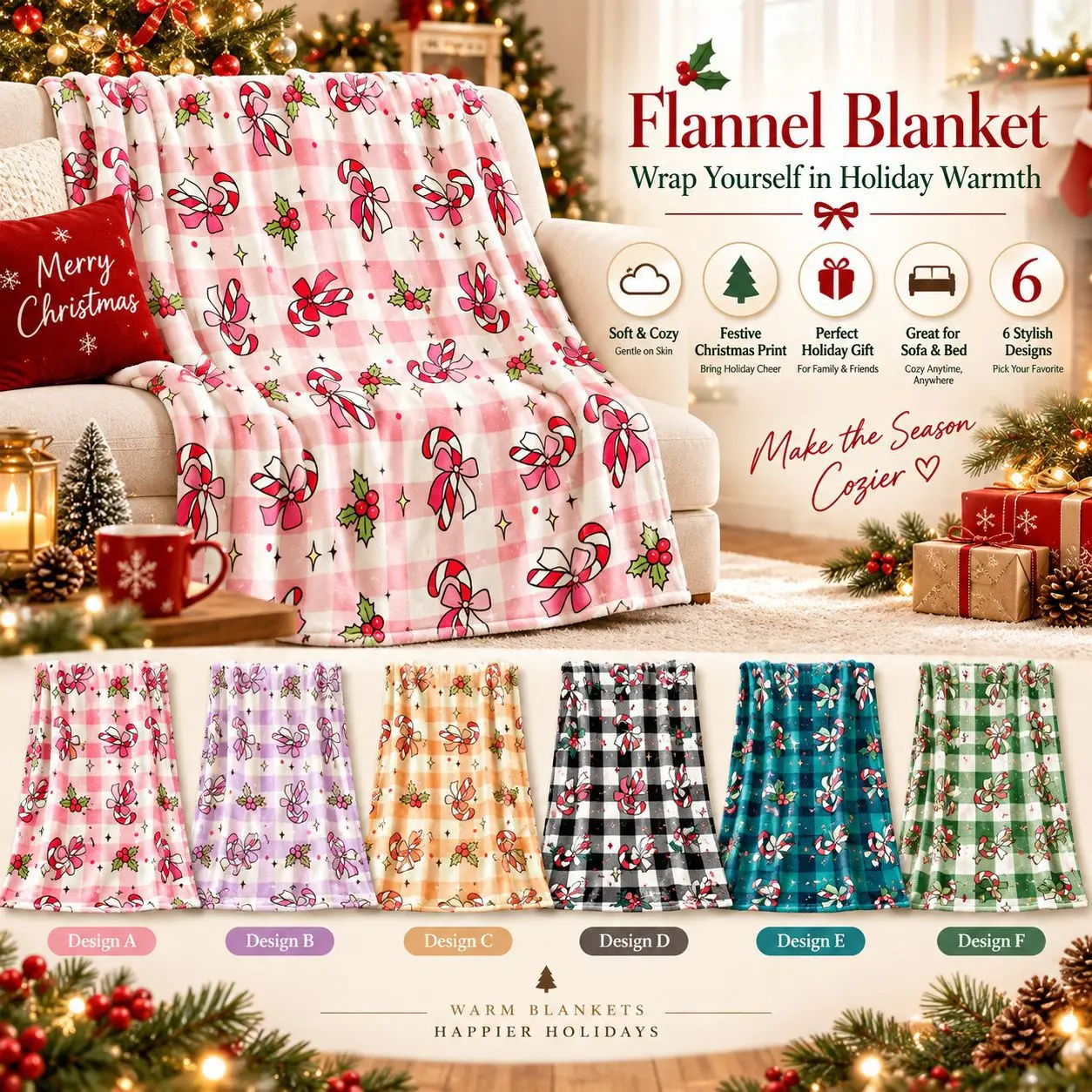 Merry Christmas Blanket Christmas Cane Candy Red Flannel Blanket Soft Warm for New Year Christmas Gift for Family Nana Mon Dad