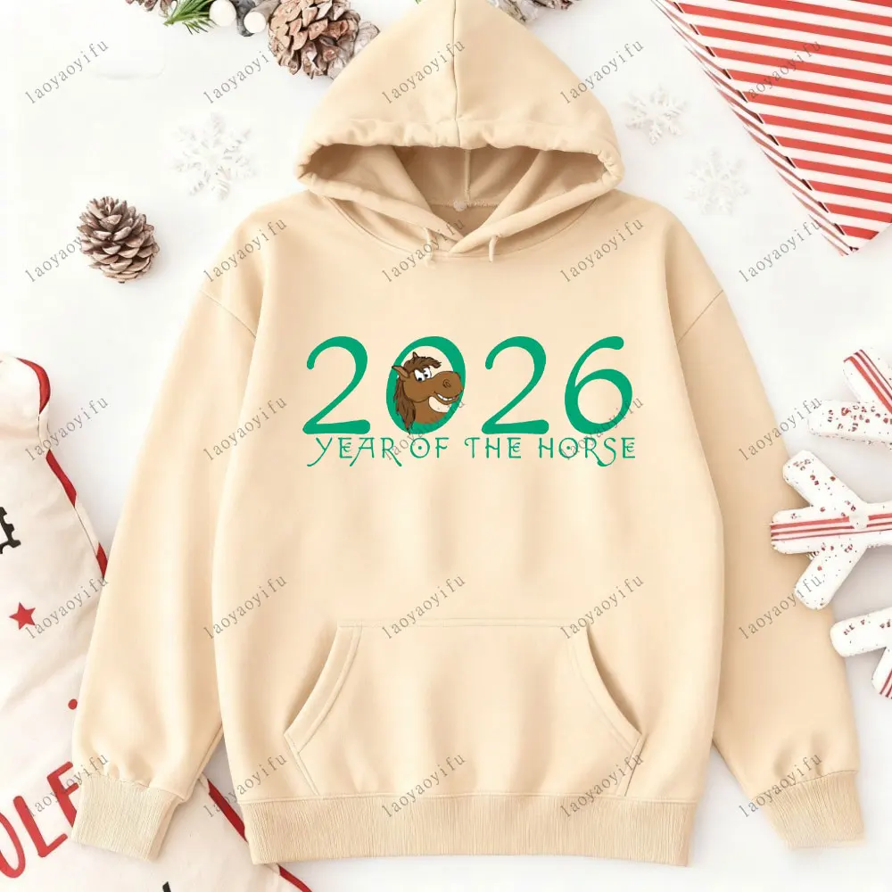 سنة الحصان سنة جديدة سعيدة 2026 السنة الصينية الجديدة الجرافيك هوديي أساسيات هوديي الشارع بلوفر أنيق قطرة الكتف رياضية #6