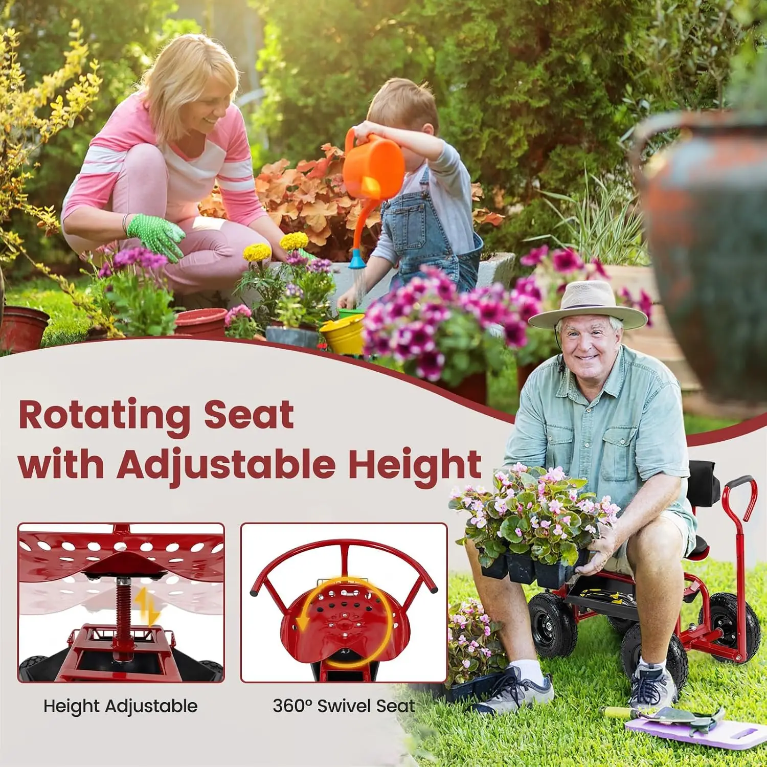 Rolling Garden Stool with 360° Swivel Seat, Adjustable Height 30
