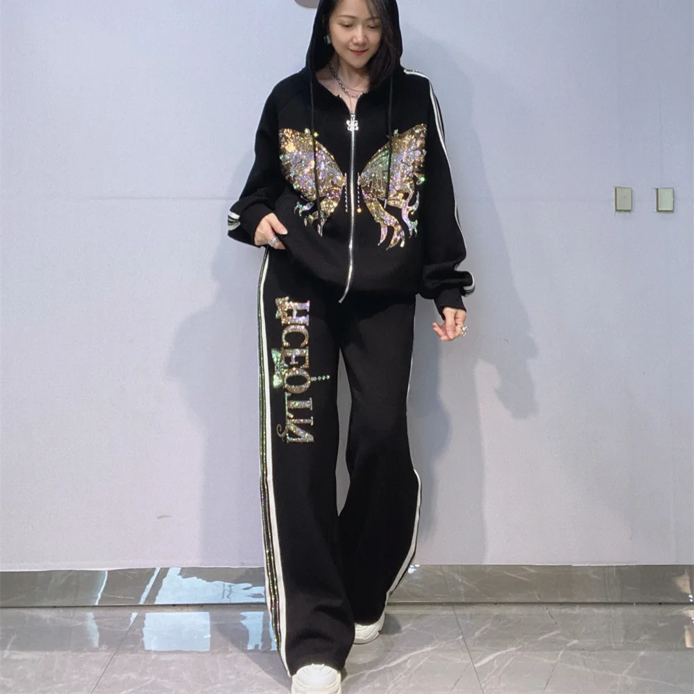 Butterfly Diamonds Oversized 2 Piece Sets Womens Outfits Autumn Casual Tracksuit Hooded Zipper Cardigan Top and Pant Suits