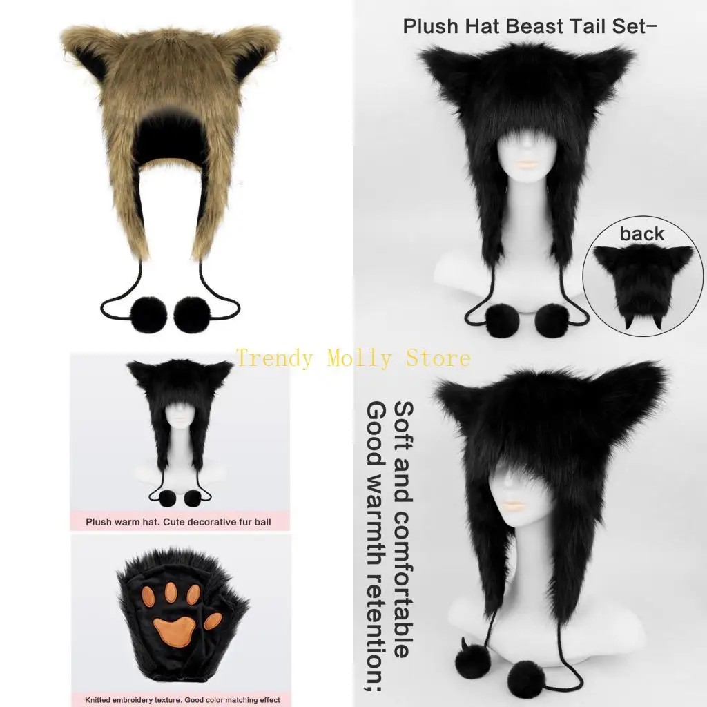 N5KB – ensemble costumes d'halloween, chapeau en peluche, gants en fourrure, gants en pattes queue renard, chapeau pour